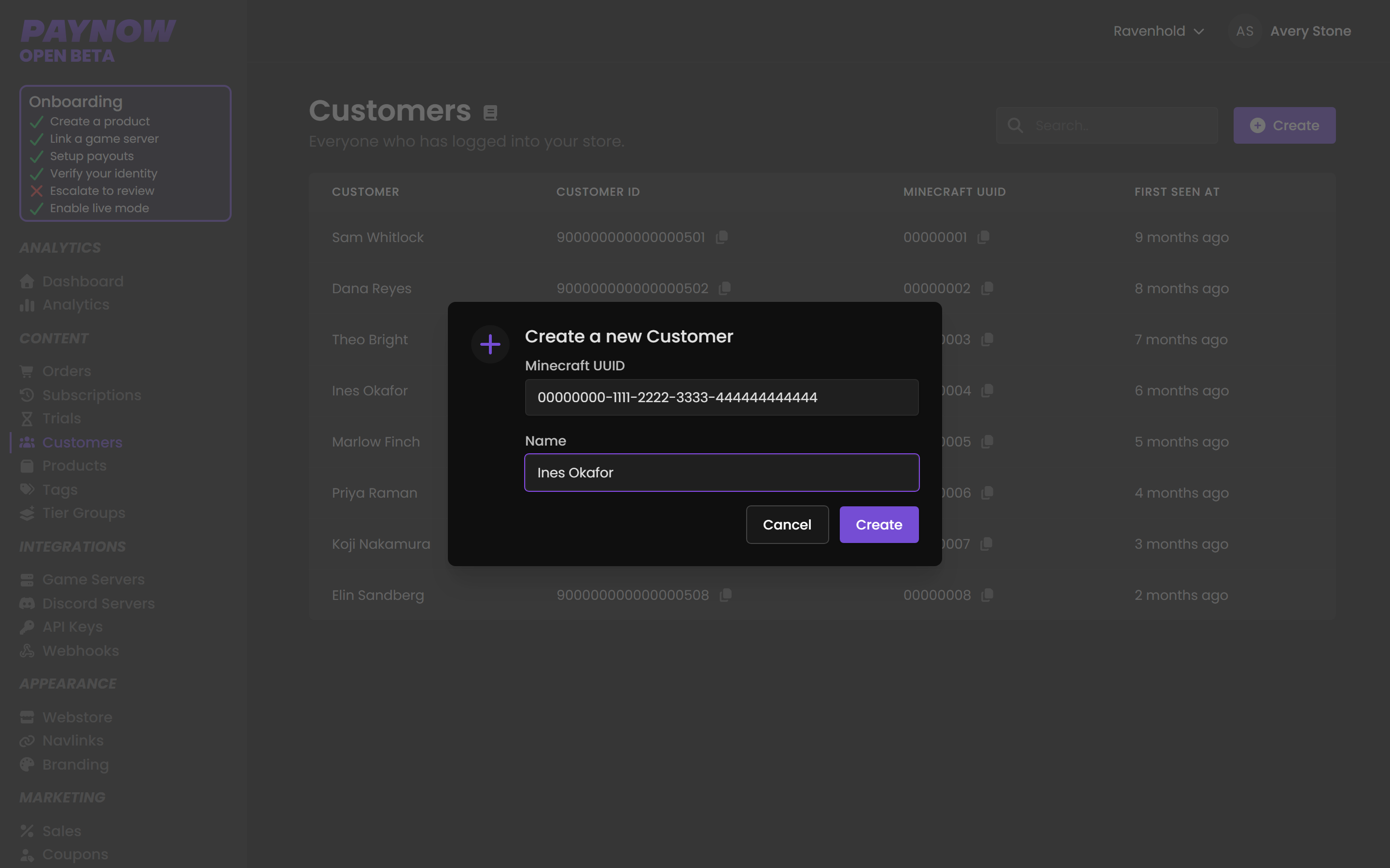 The New Customer dialog with fields for a platform ID and an optional name.