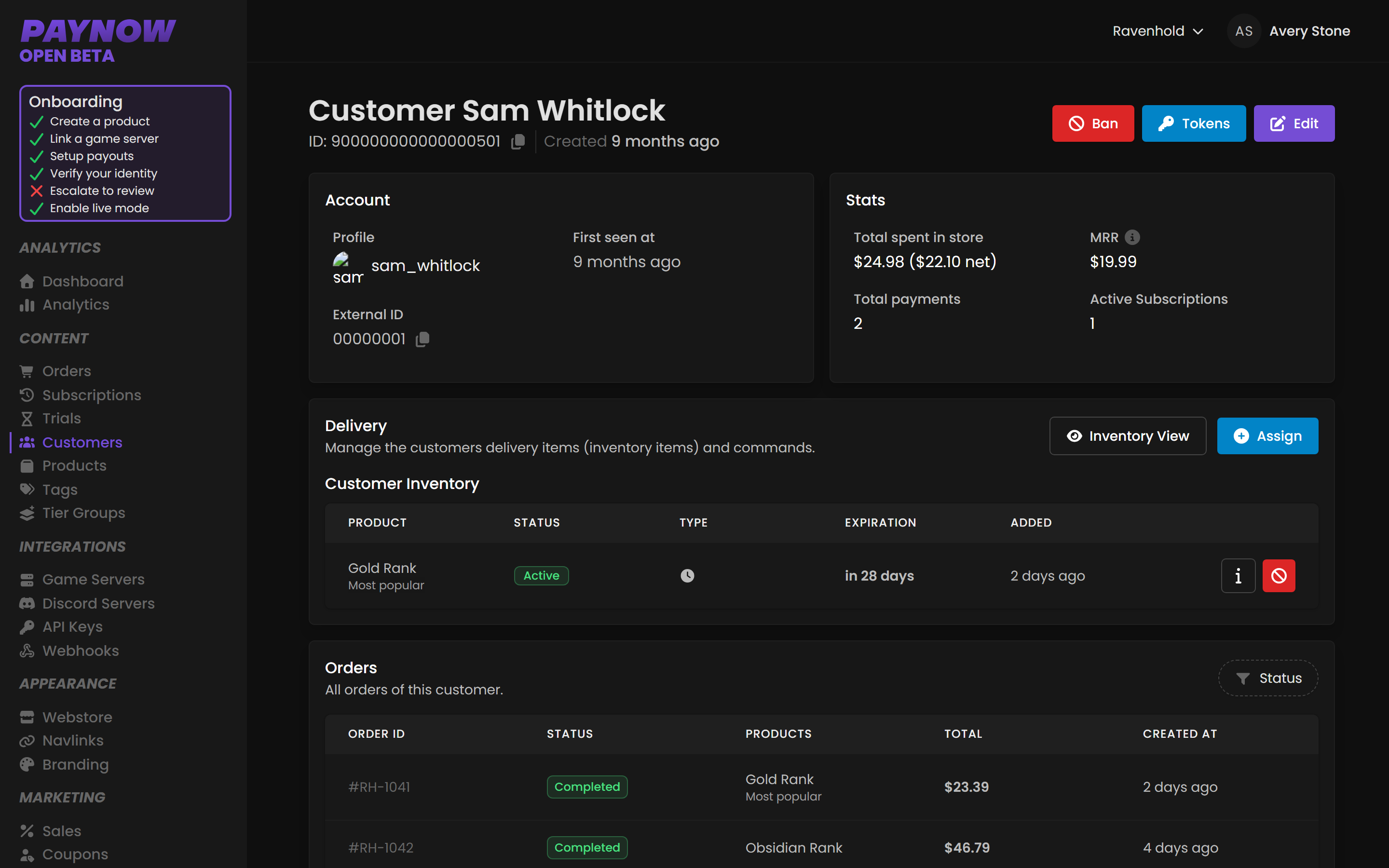 A customer detail page showing profile, external ID, and the stats row.