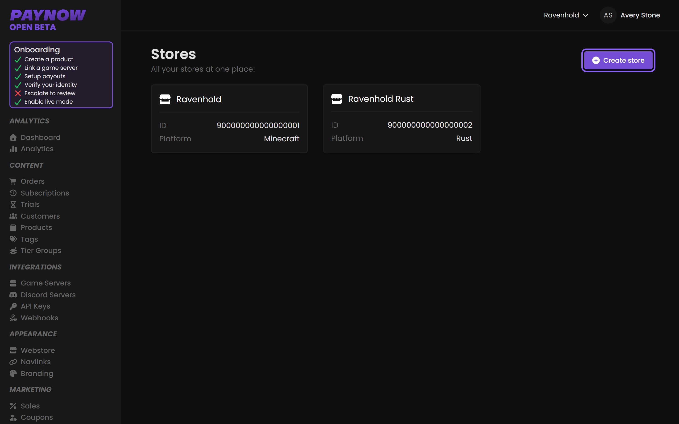 The Stores page listing two stores, with the Create store button highlighted in the top-right corner.