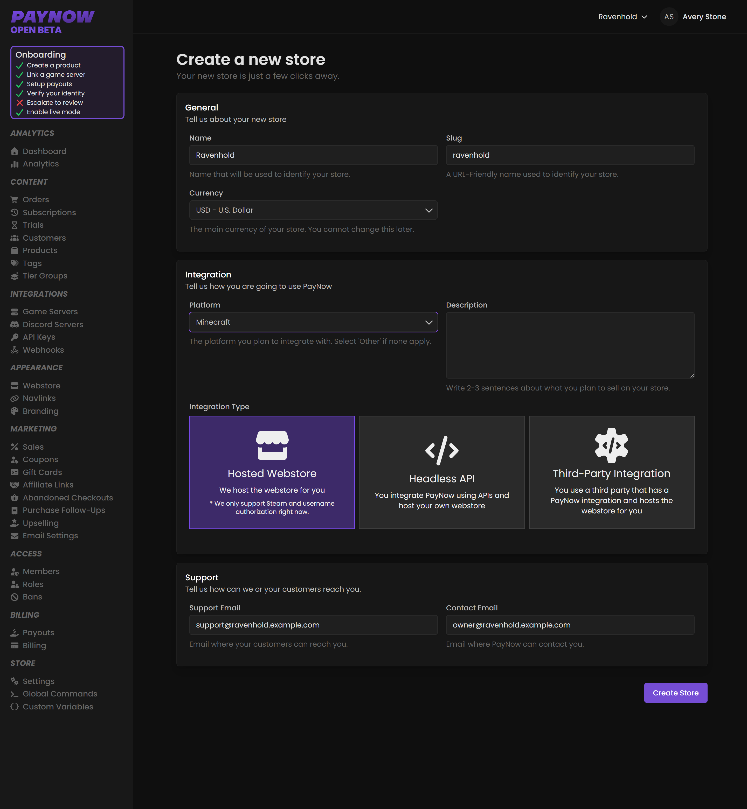 The Create Store form completed for a demo Minecraft store called Ravenhold.