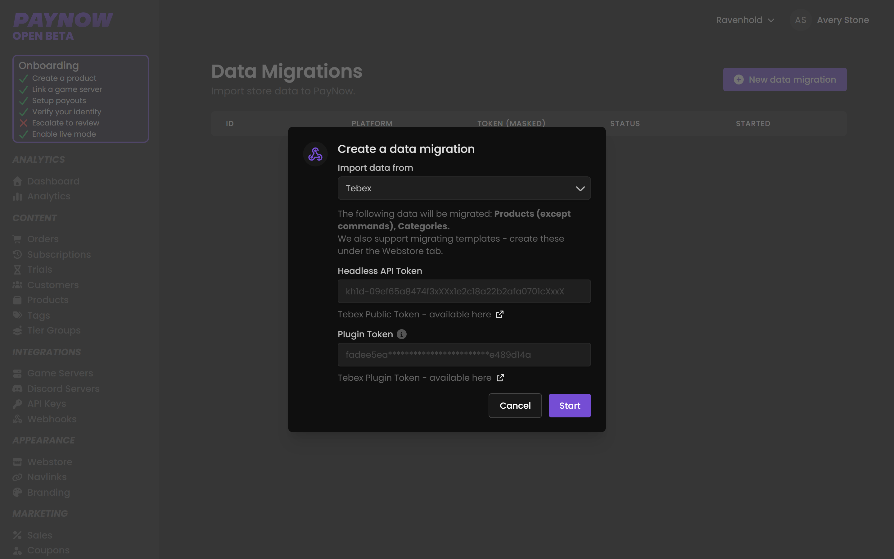 The Create a data migration dialog with Tebex selected as the source, showing which data will be migrated.