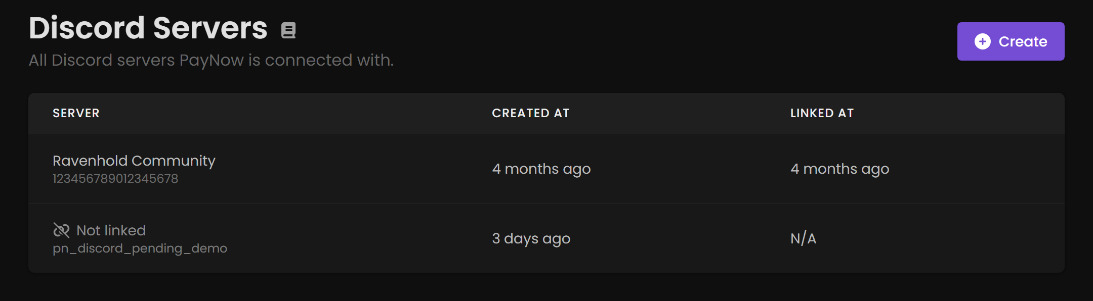 The Discord Servers page showing one linked server and one awaiting registration.