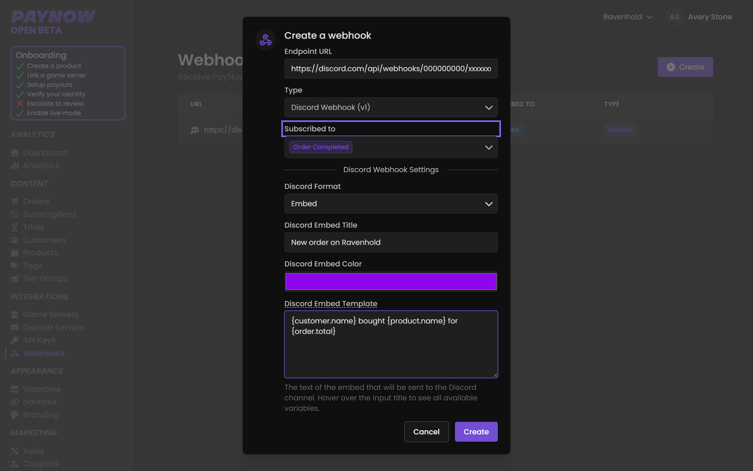 The webhook creation form with Discord selected and the Order Completed event subscribed.