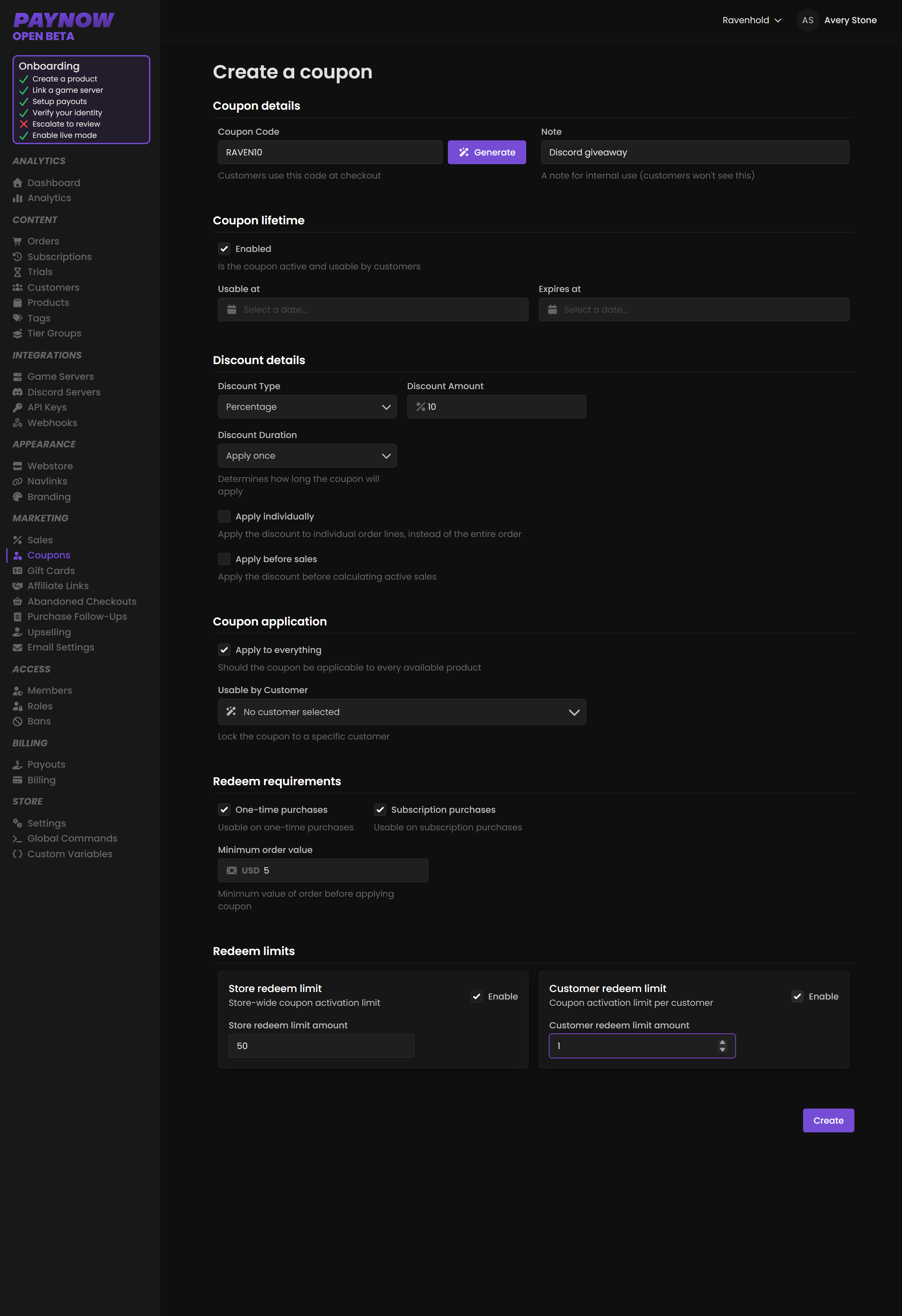 The coupon creation form showing code, discount details and redeem limits.