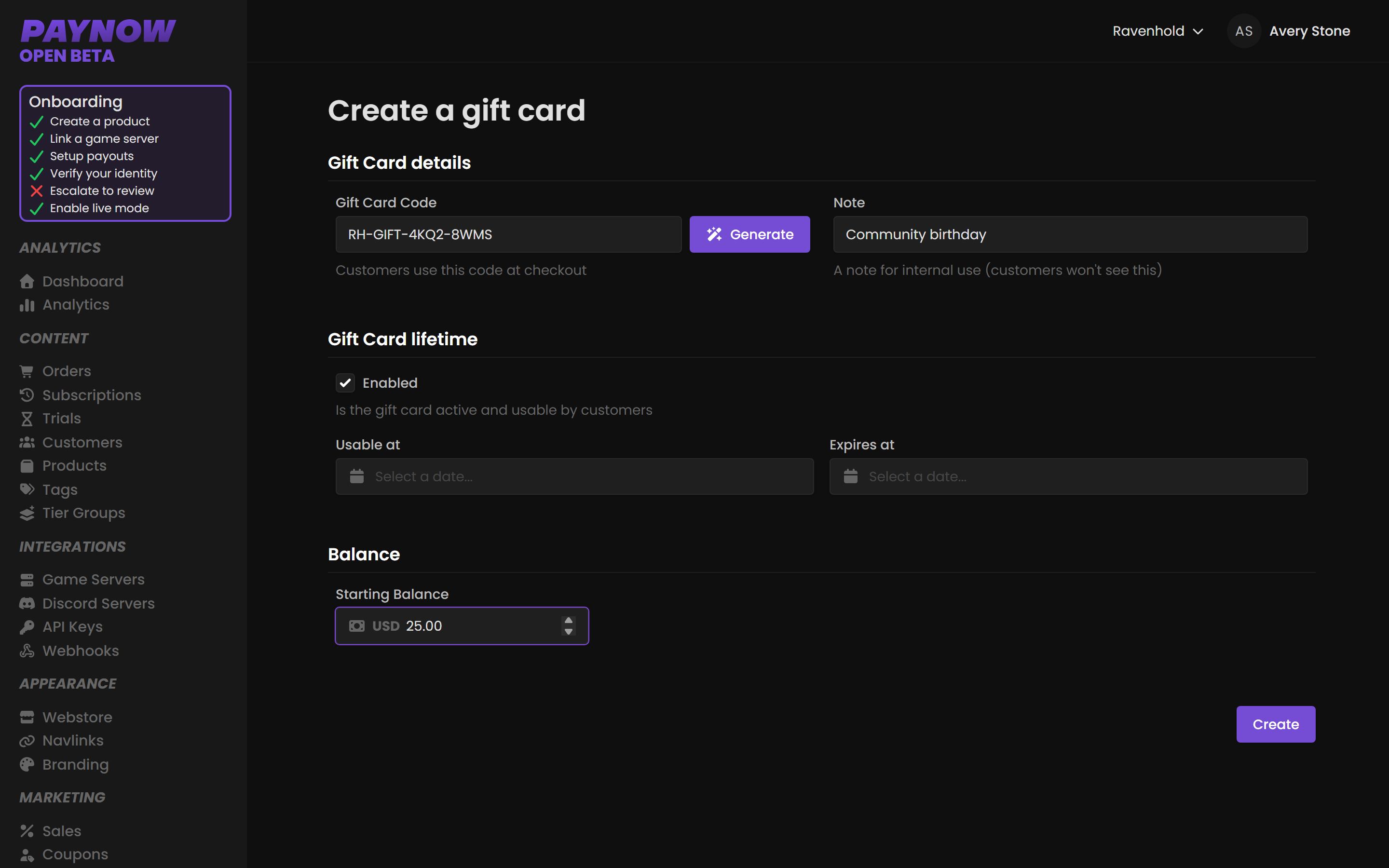 The gift card creation form showing code, note, lifetime and balance.