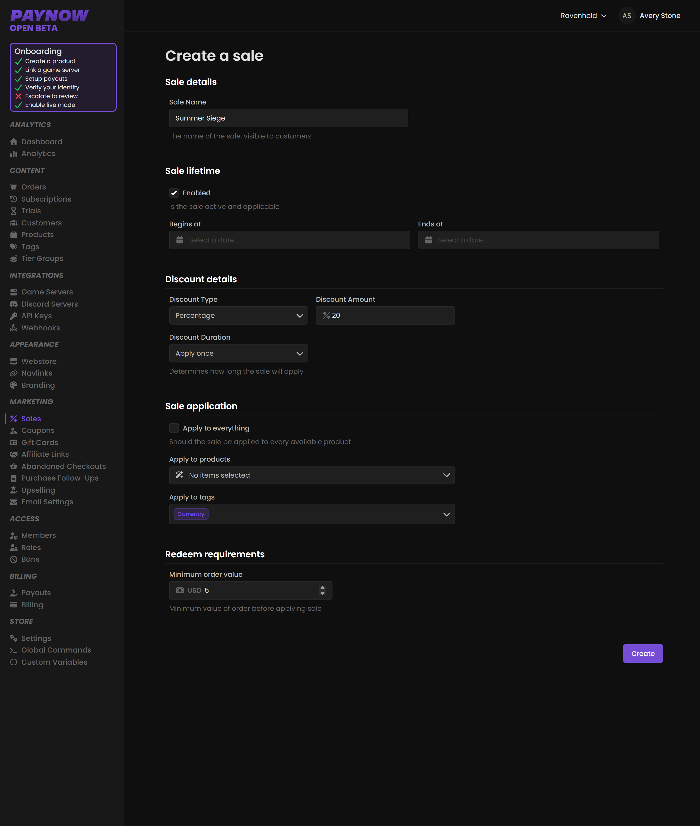 The sale creation form showing name, lifetime, discount type and application.