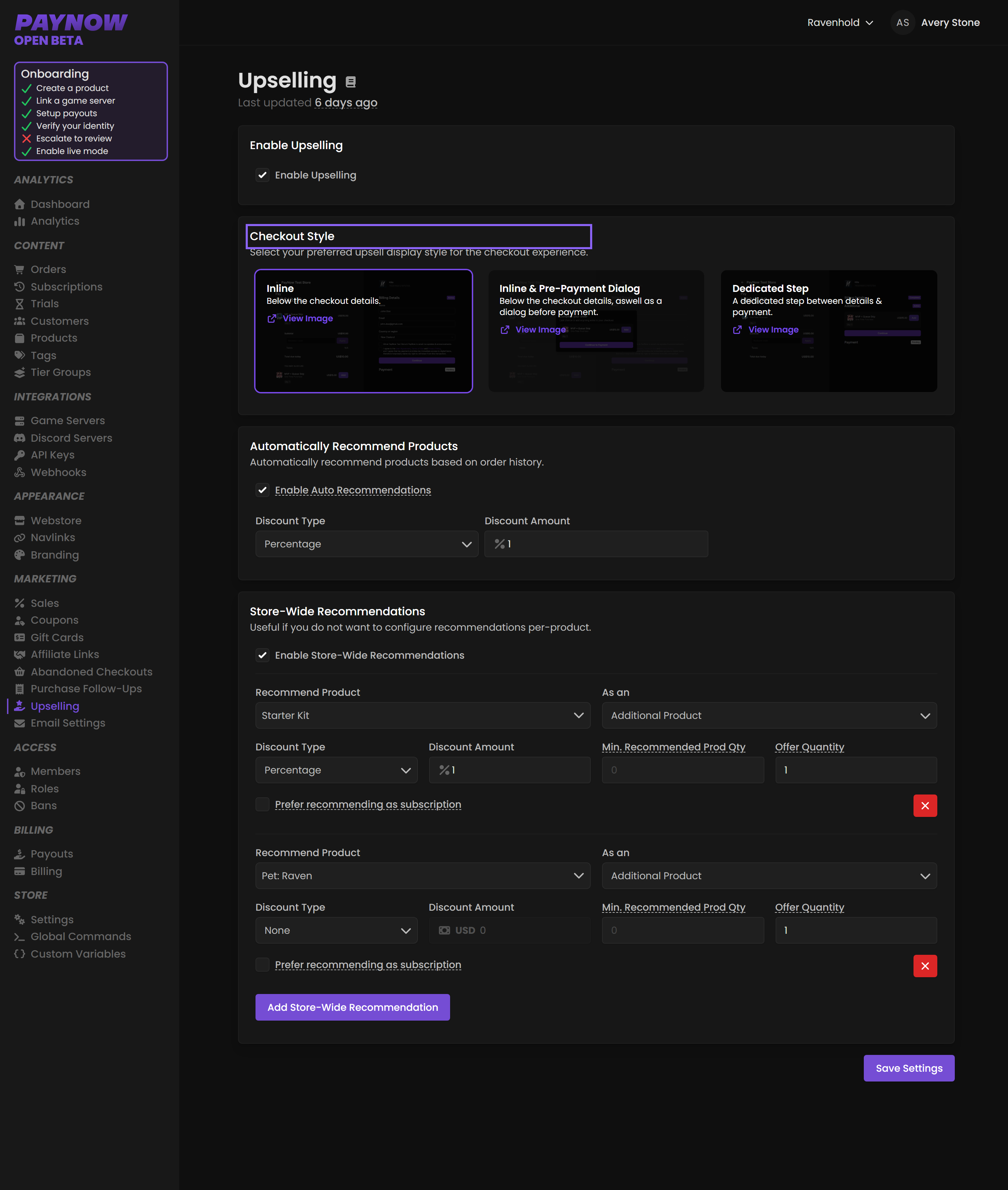 The Upselling page showing the enable toggle, checkout style options and store-wide recommendations.