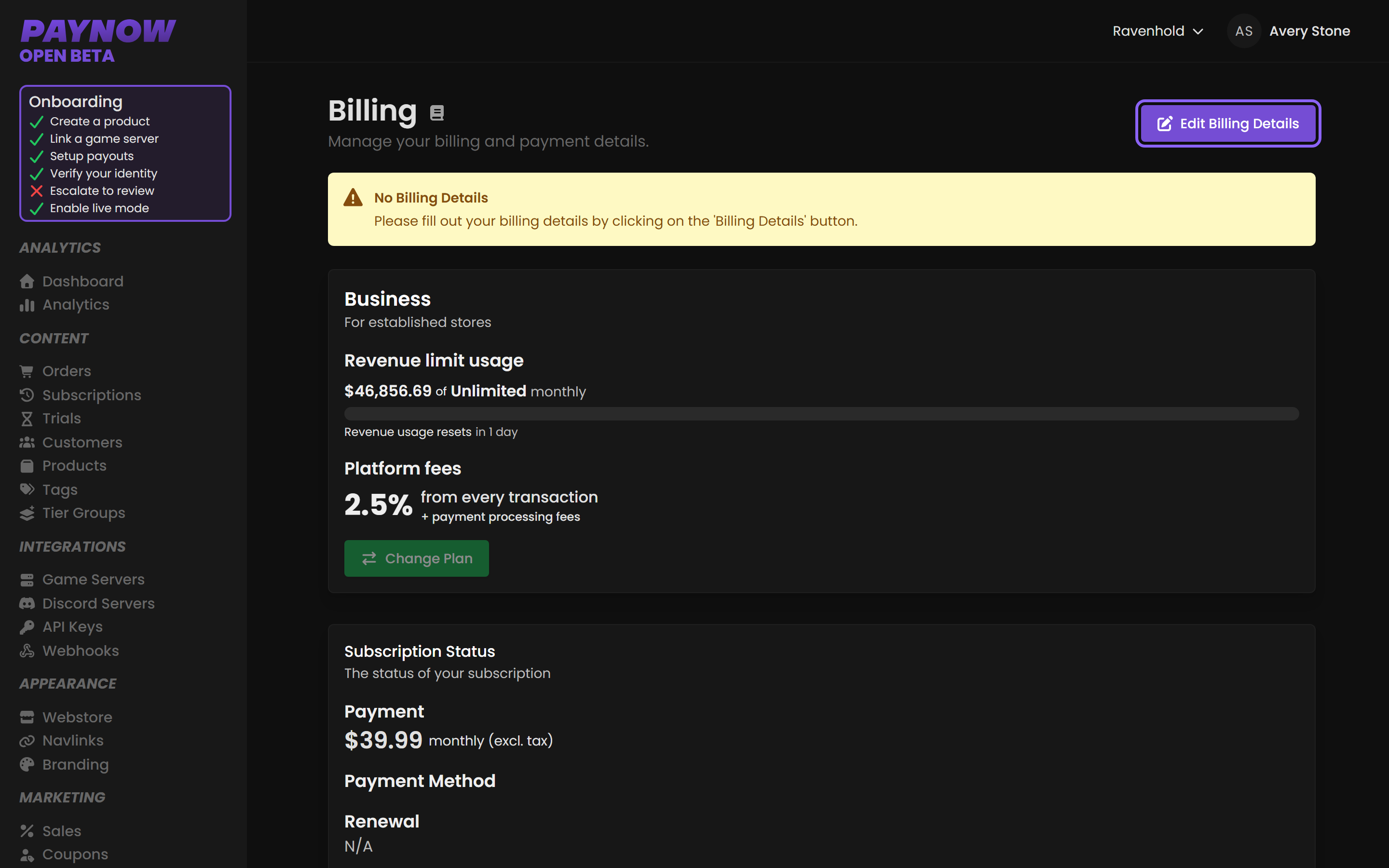 The Billing page showing the missing-details warning and the Billing Details button.
