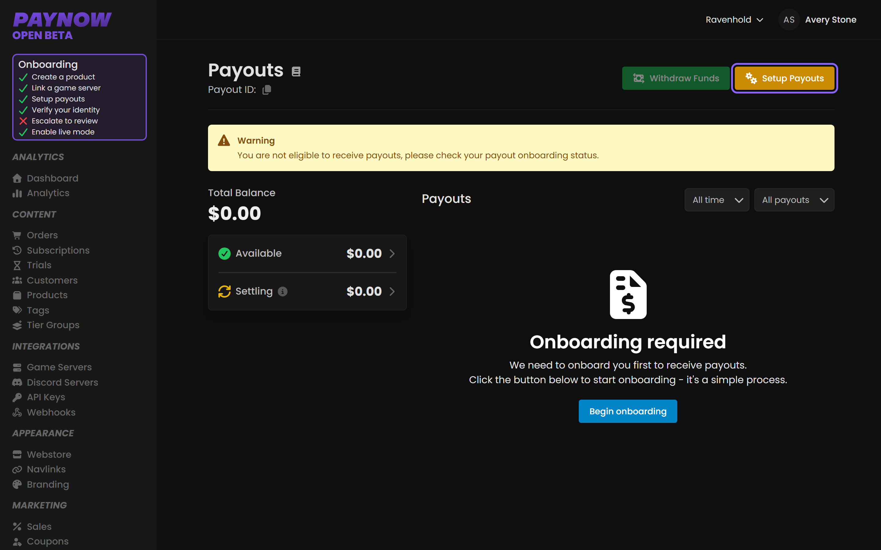 The Payouts page before onboarding, showing the eligibility warning and Setup Payouts button.