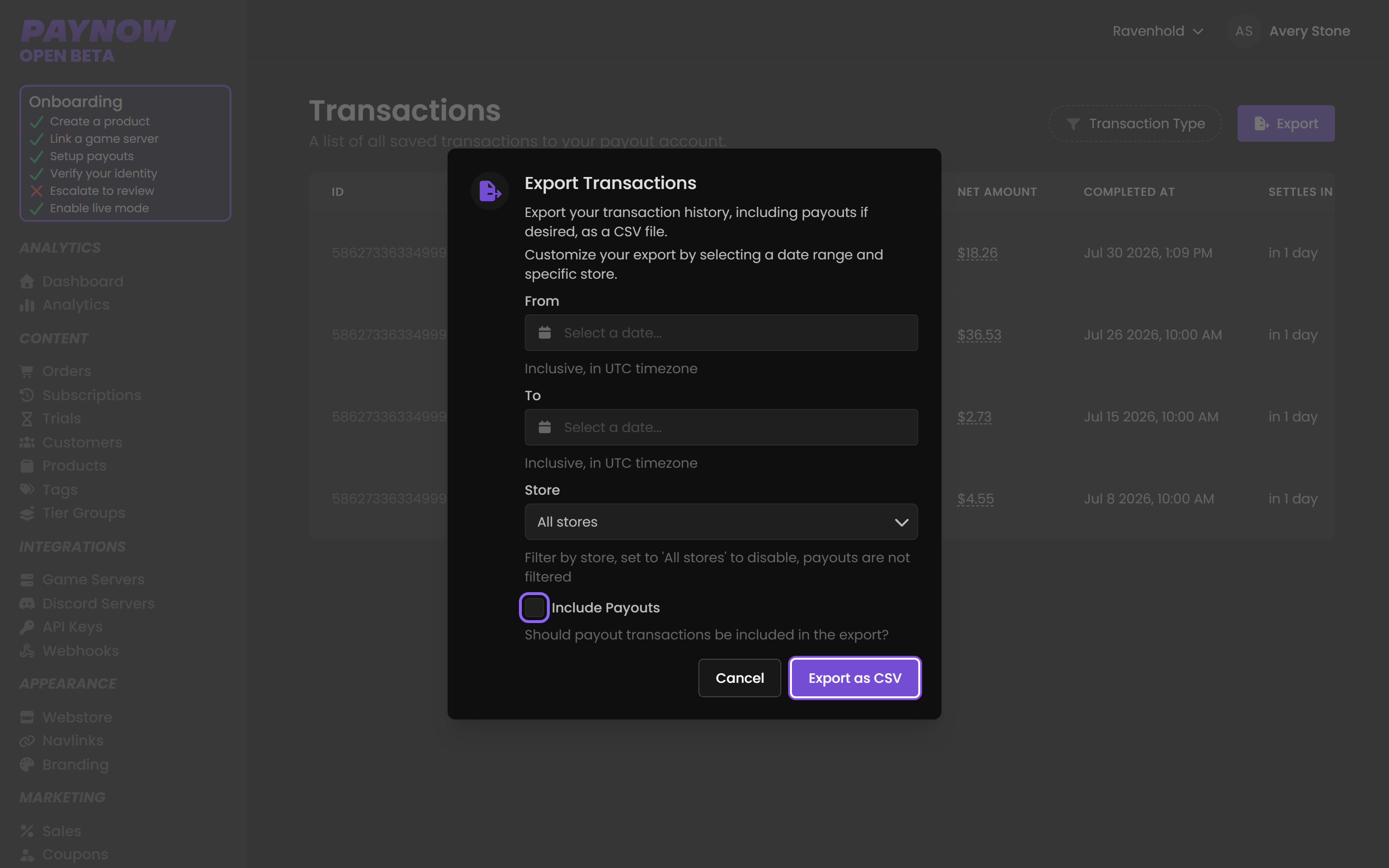 The Export Transactions dialog with date range, store filter and Include Payouts option.