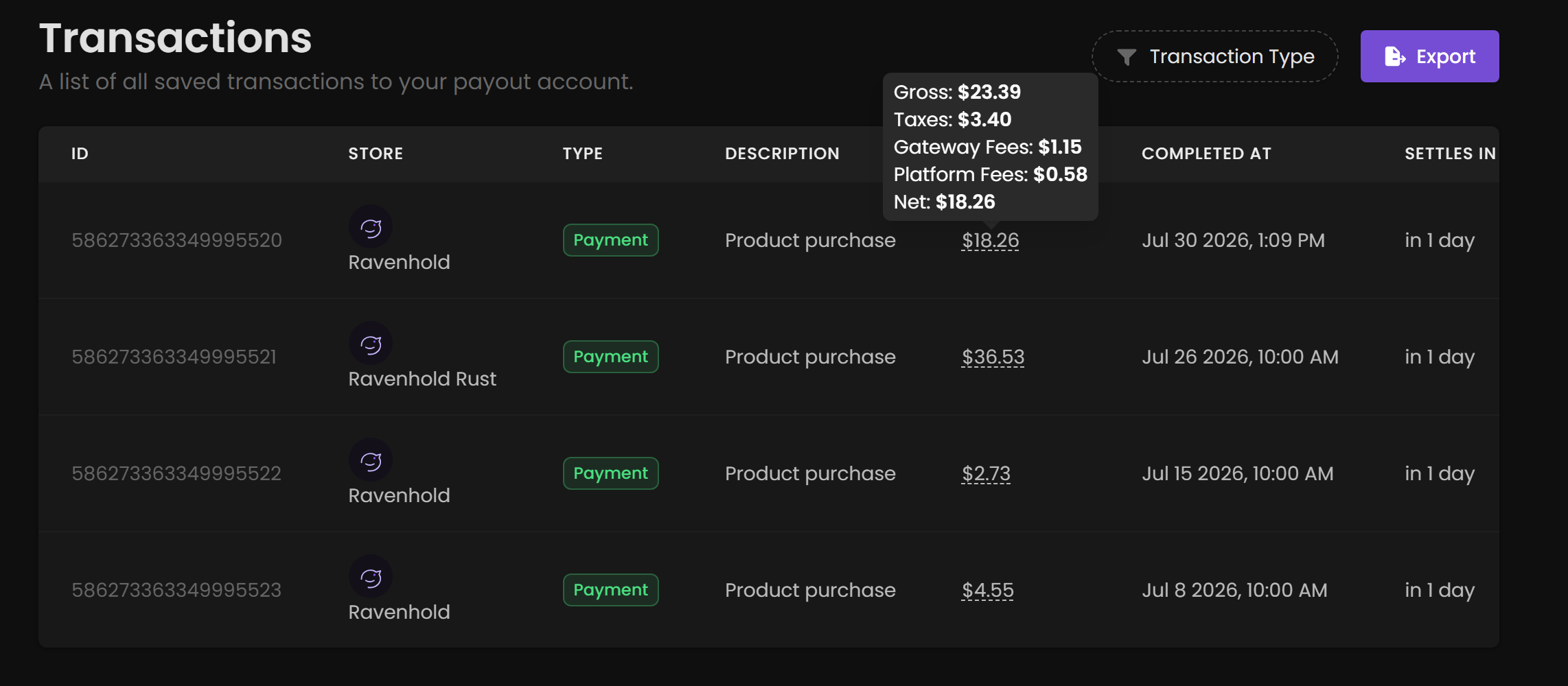 The Transactions list with the fee breakdown tooltip showing gross, taxes, gateway fees, platform fees and net.