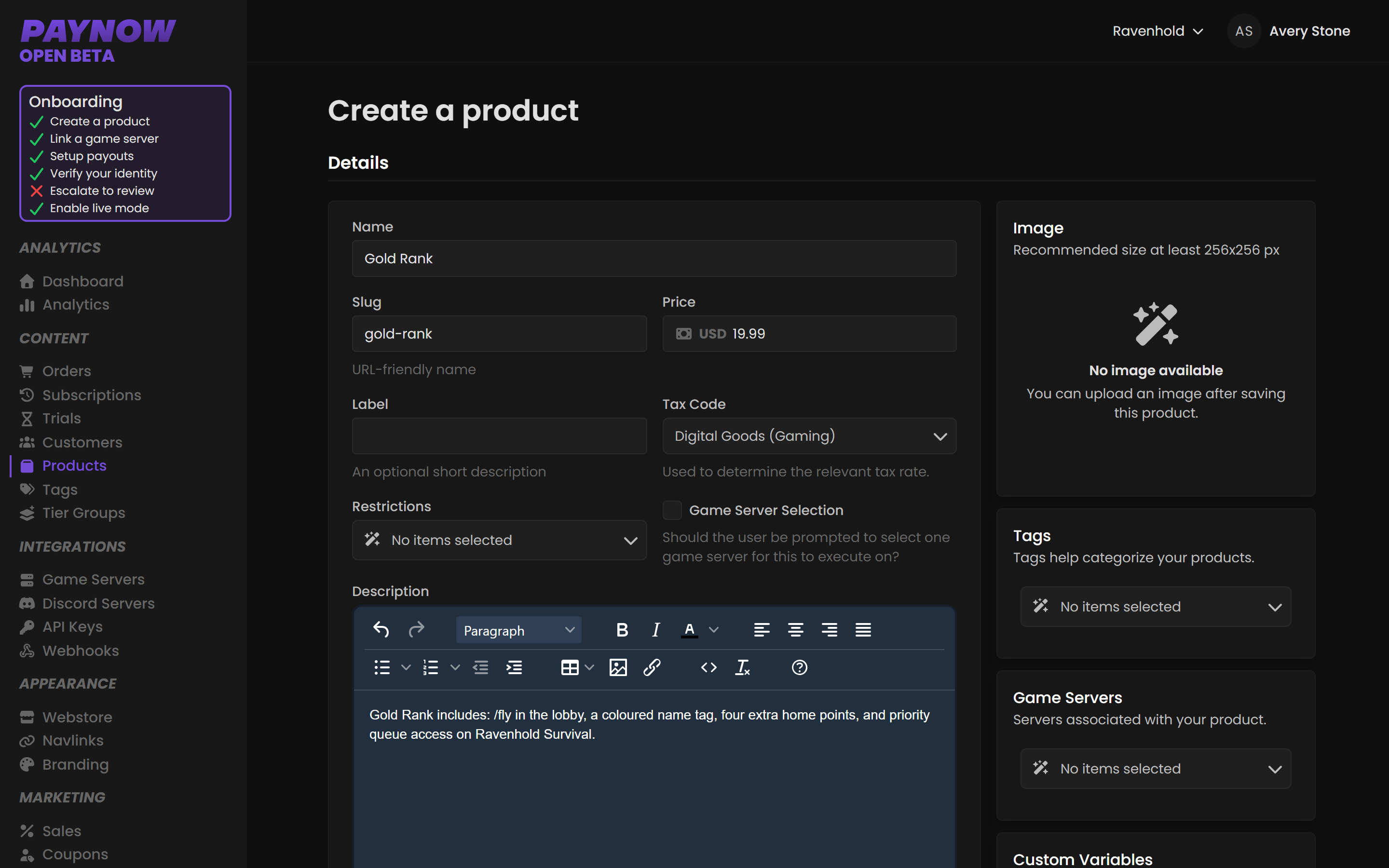 The Create a Product page showing the Details section with name, slug, description and price.