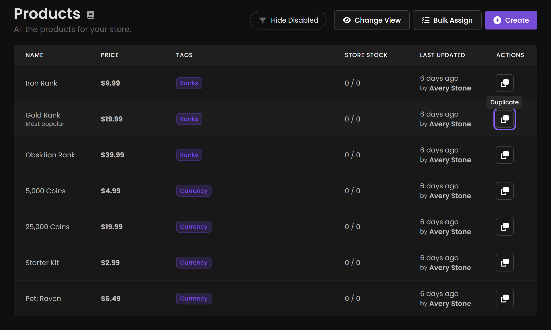 The Products list with the Duplicate button on the Gold Rank row highlighted and its tooltip showing.
