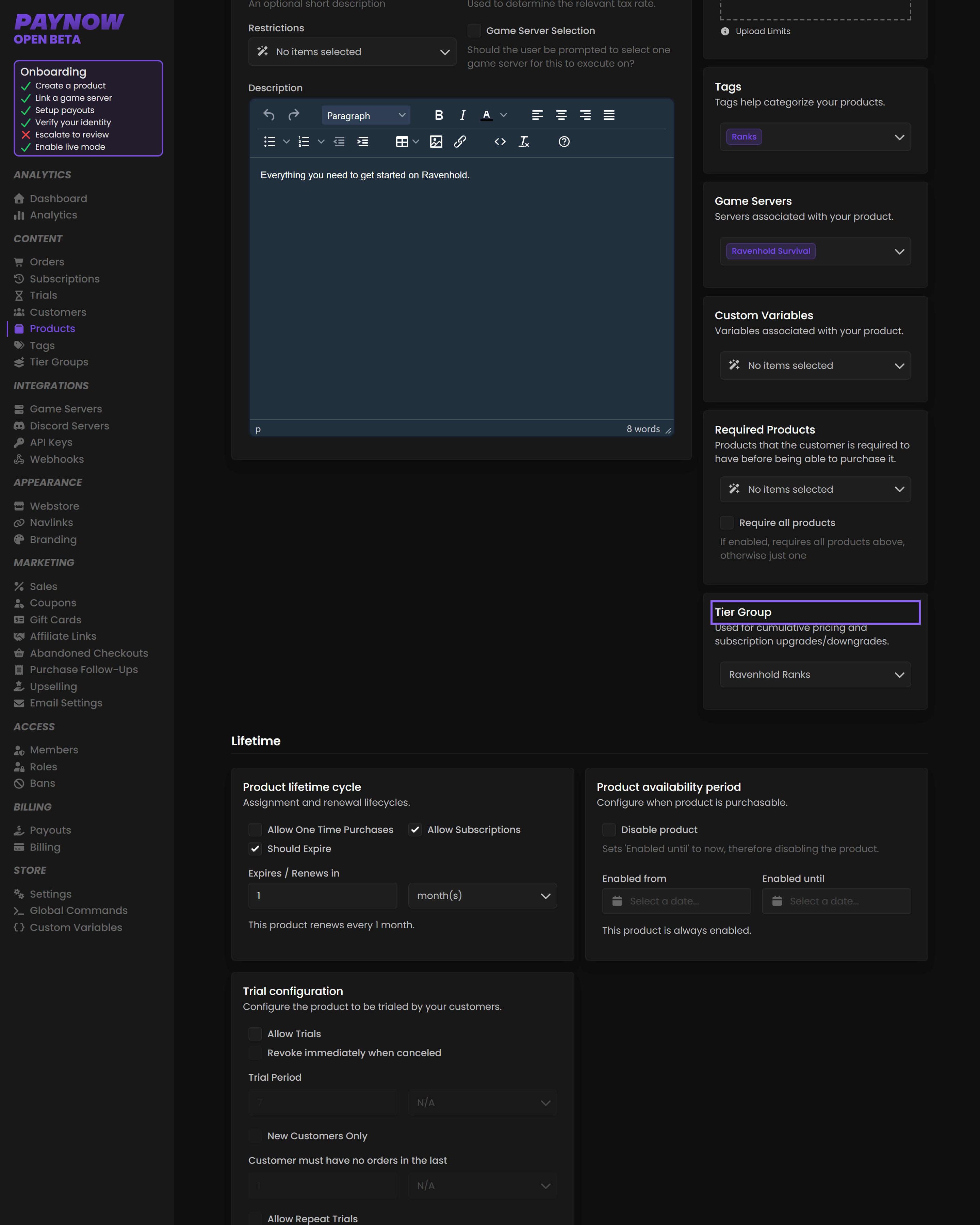 A product's edit page with the Tier Group selector in the right sidebar.