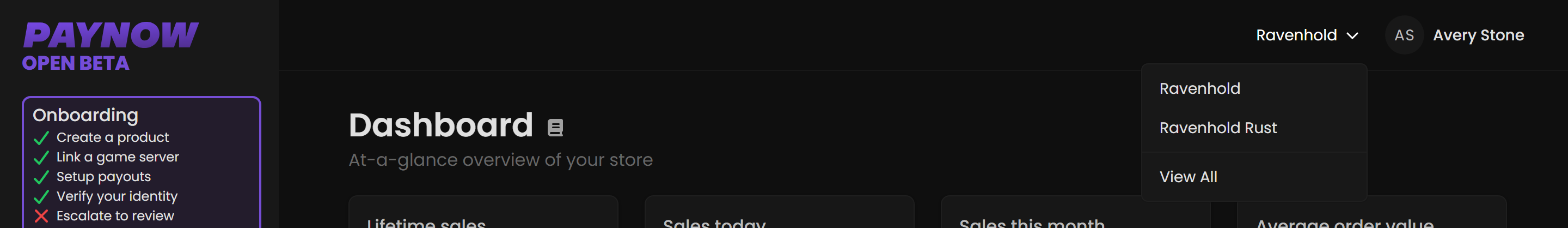 The store switcher in the top bar, expanded to show two stores.