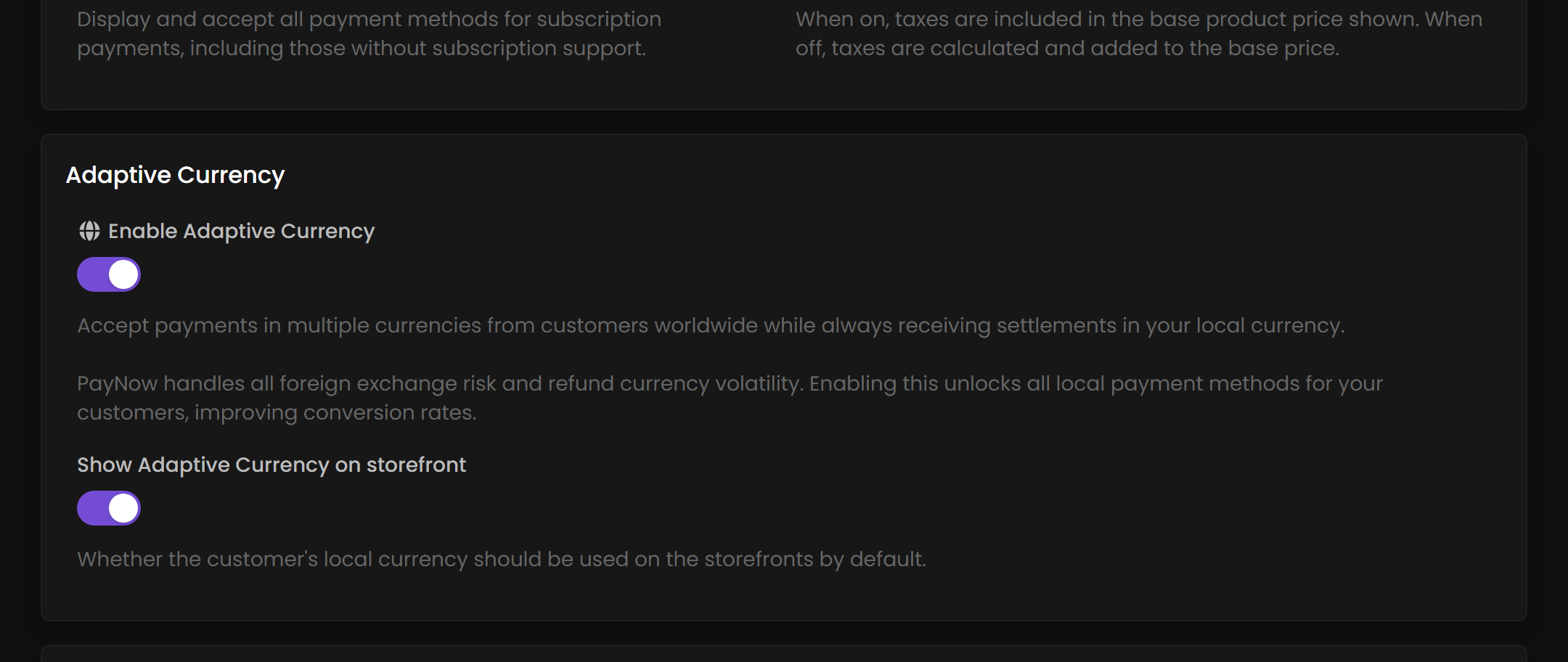 The Payment Settings section showing the two Adaptive Currency toggles enabled.