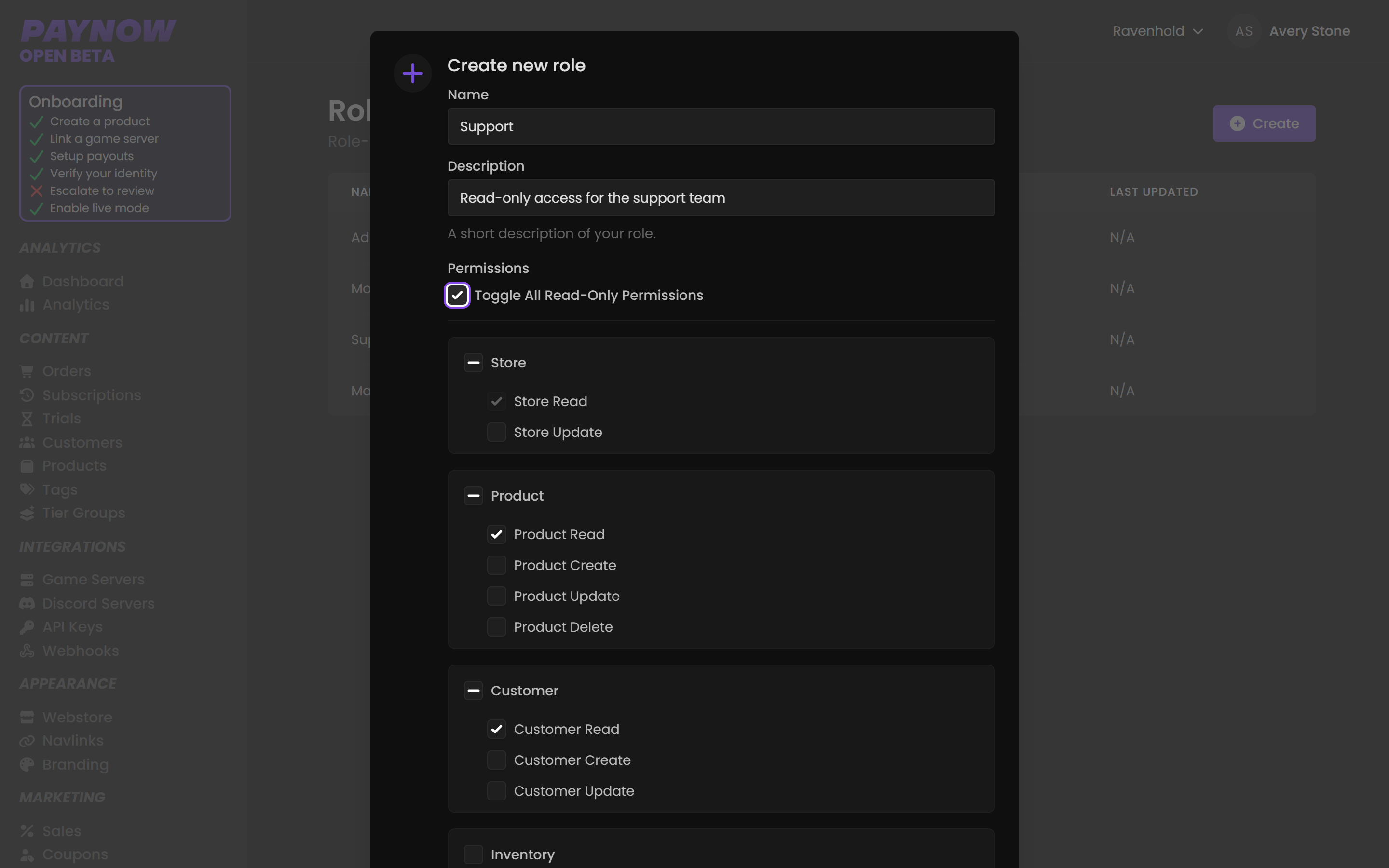 The Roles page with the New Role dialog open, showing name, description and permission checkboxes.