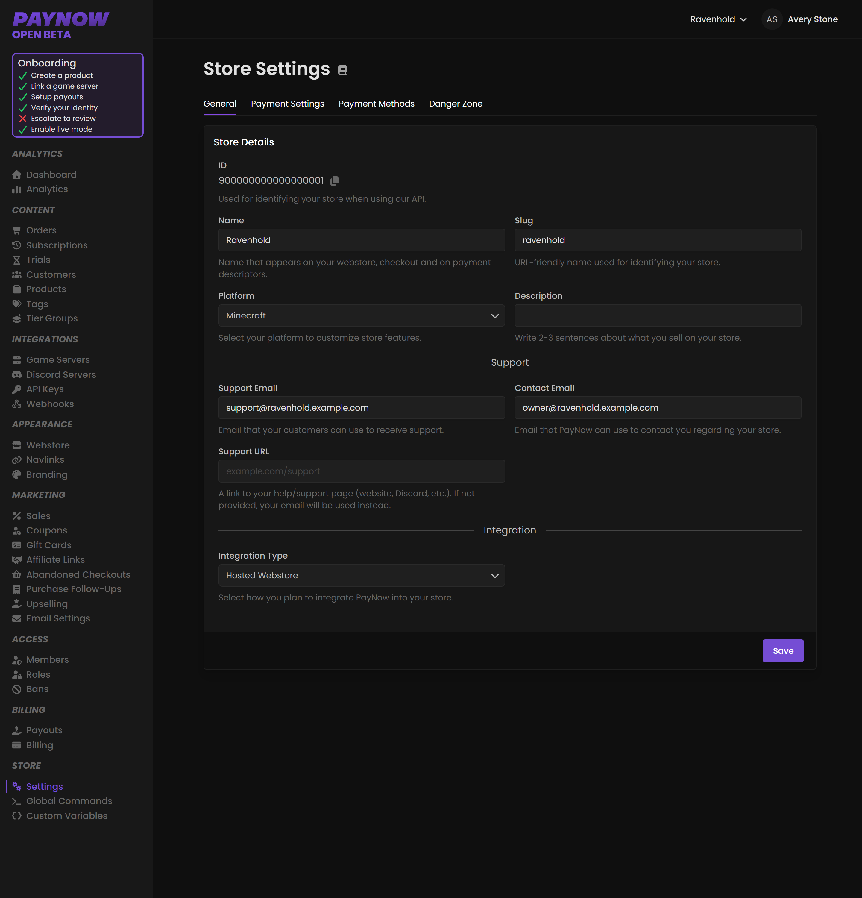 The store Settings page showing store details, platform, support emails and integration type.