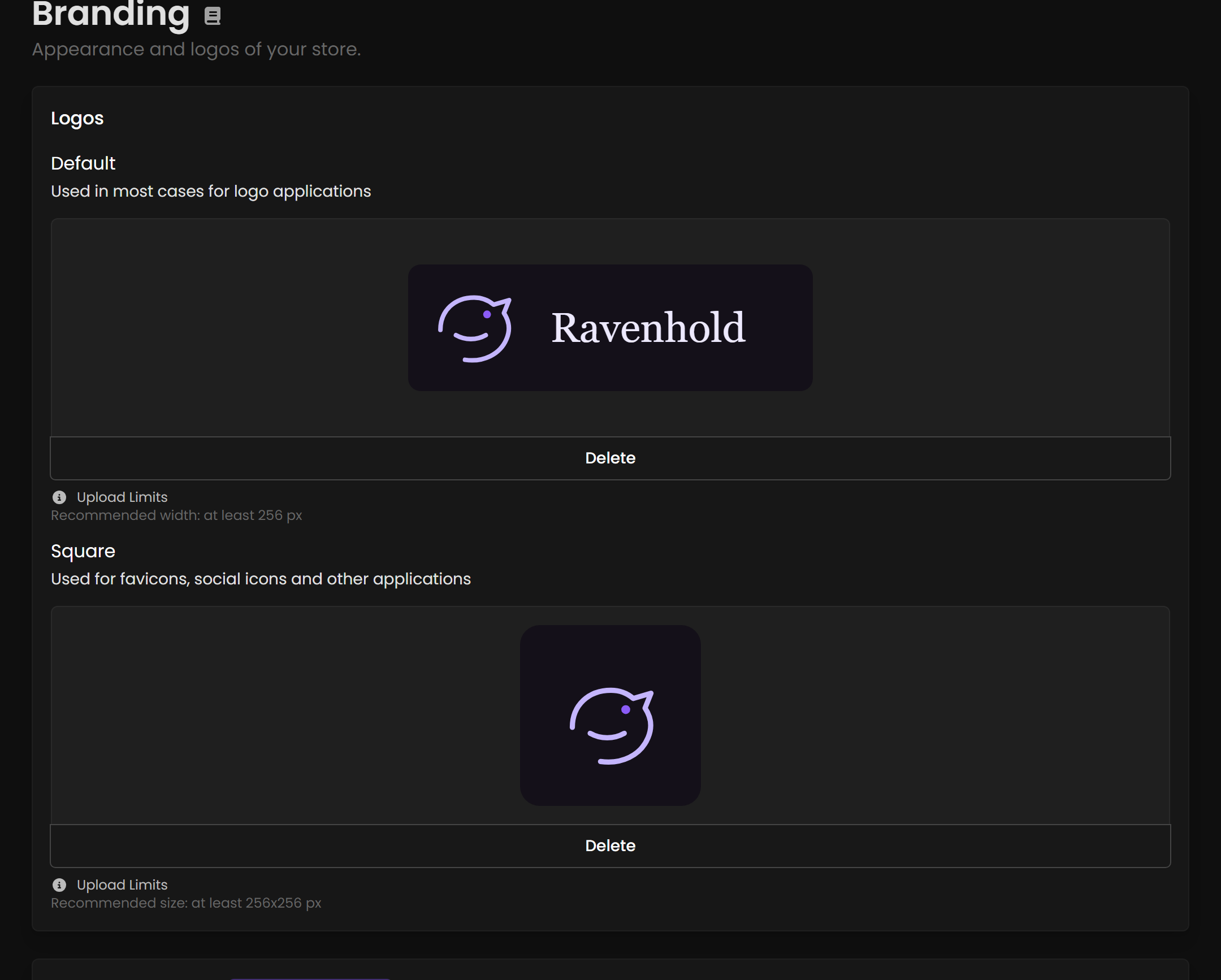 The Branding page showing the Logos section with a logo uploaded.