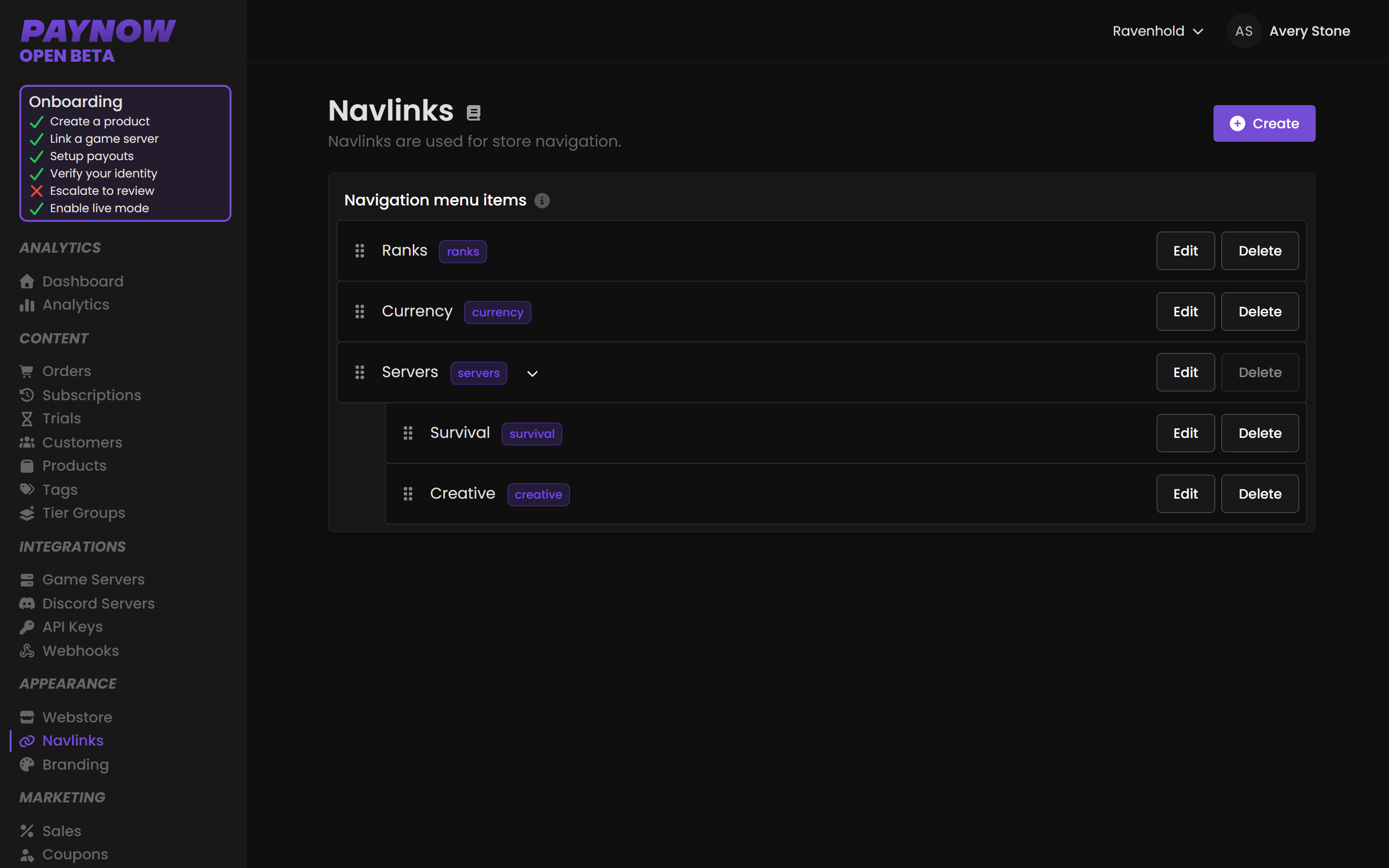 The Navlinks page showing Ranks, Currency and Servers, with Survival and Creative nested under Servers to form a dropdown.