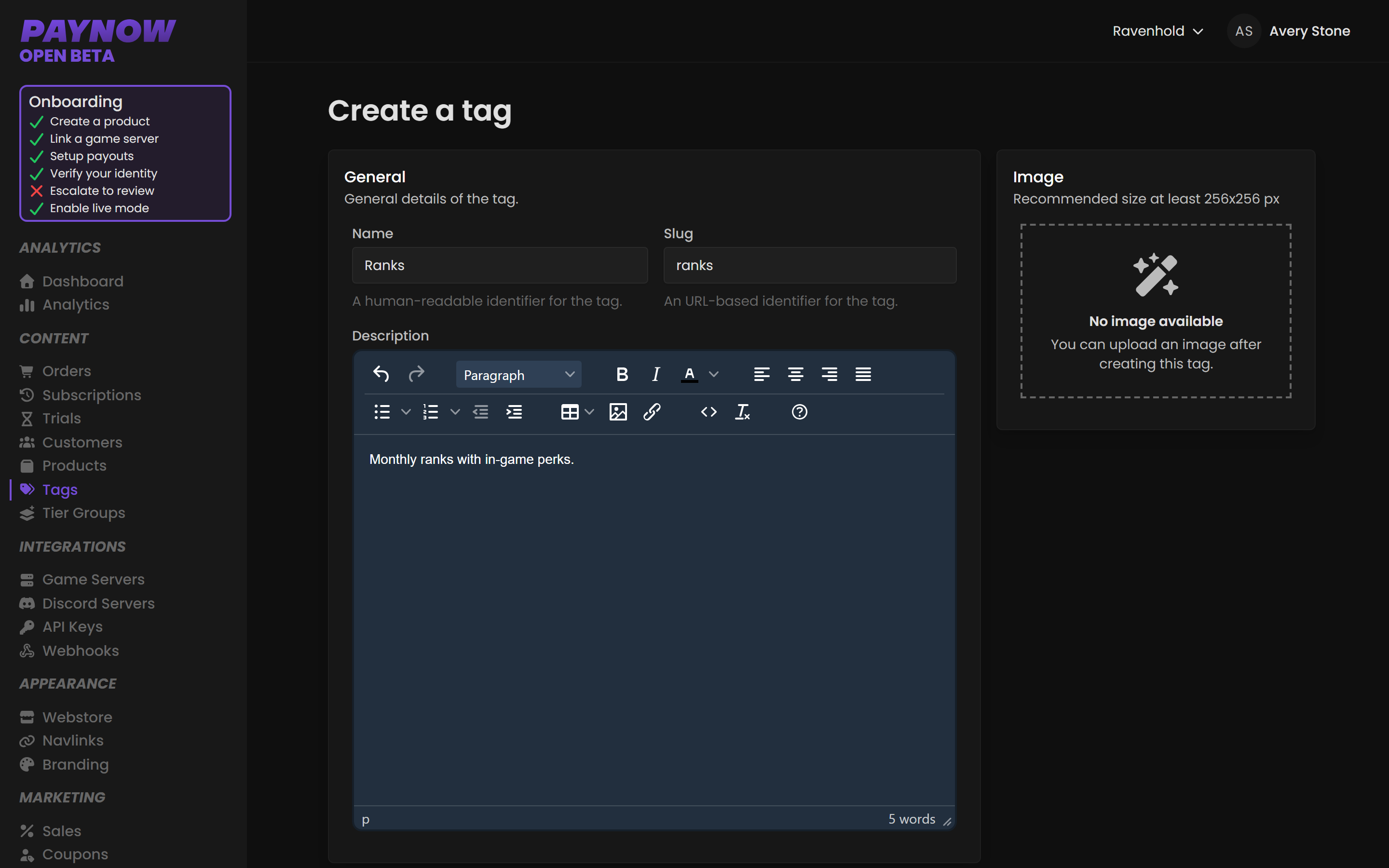 The New Tag form with name, slug and description filled in.