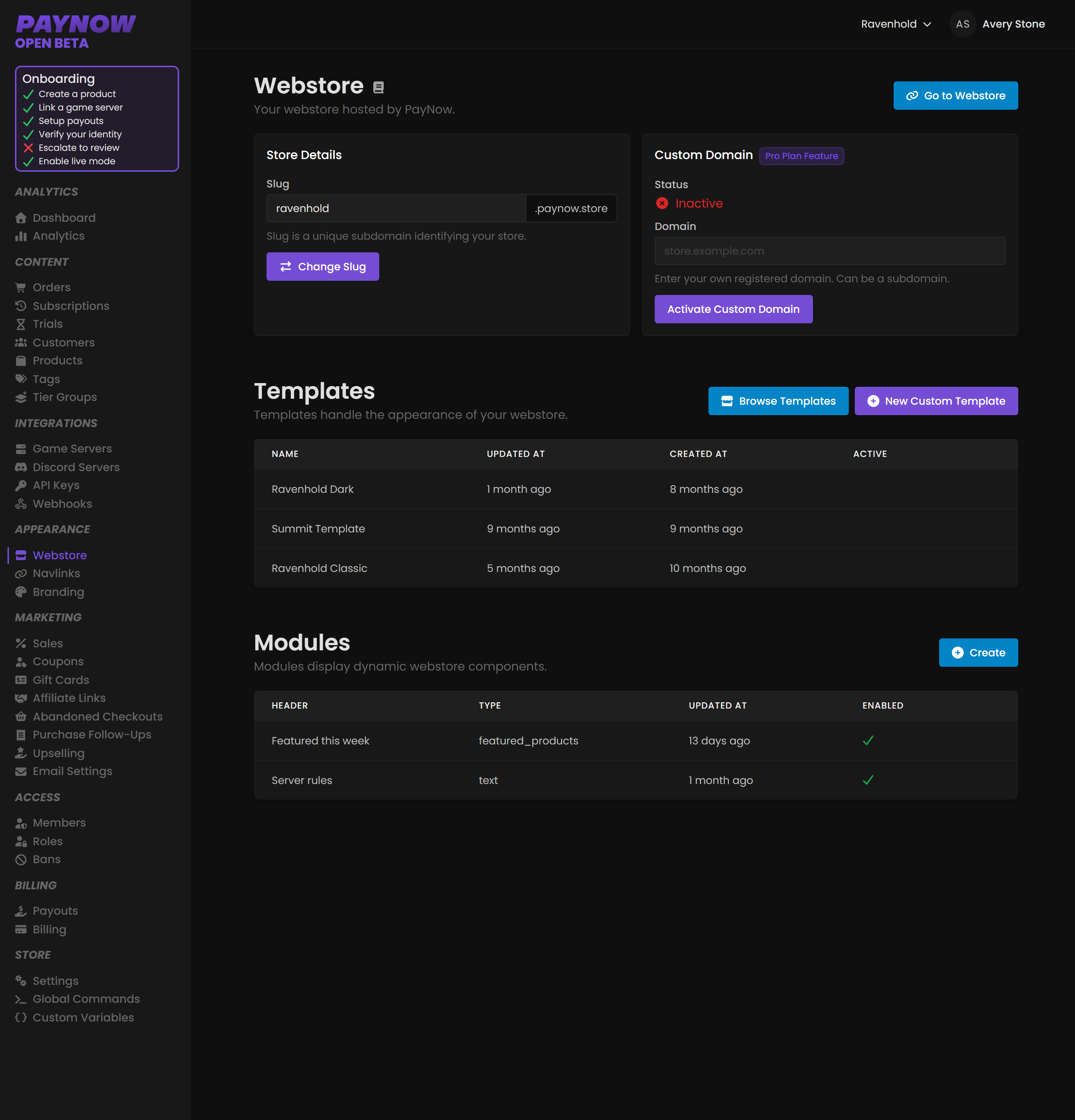The Webstore page showing store details, custom domain, templates and modules sections.